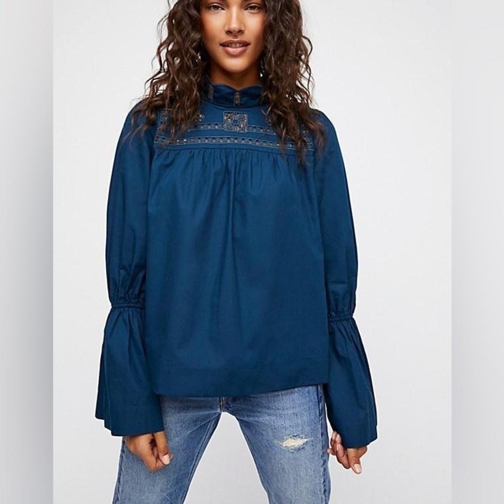 Free People - Another Eternity Blue Crochet Mock Neck Bell Sleeve Blouse Size Sm